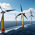 **A futuristic offshore wind farm, where robotic arms are inspecting wind turbine blades high above the turbulent sea. The scene showcases the integration of robotics and renewable energy, emphasizing efficiency and sustainability. Include elements of AI-powered monitoring and data analysis, with a focus on the harsh environment.**