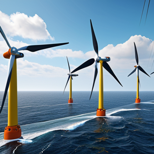 Home 6 **A futuristic offshore wind farm, where robotic arms are inspecting wind turbine blades high above the turbulent sea. The scene showcases the integration of robotics and renewable energy, emphasizing efficiency and sustainability. Include elements of AI-powered monitoring and data analysis, with a focus on the harsh environment.**