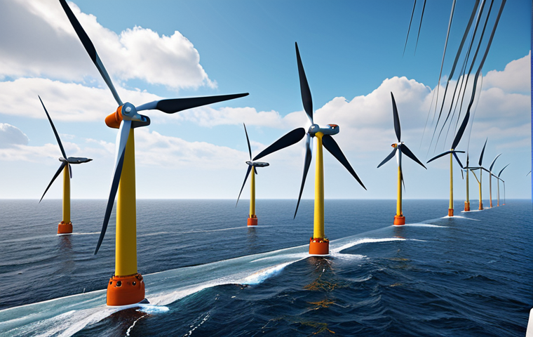 **A futuristic offshore wind farm, where robotic arms are inspecting wind turbine blades high above the turbulent sea. The scene showcases the integration of robotics and renewable energy, emphasizing efficiency and sustainability. Include elements of AI-powered monitoring and data analysis, with a focus on the harsh environment.**