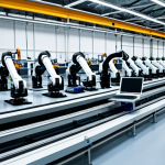 로봇기술사와 자동화 설비 설계 - **Prompt:** A modern factory floor with robotic arms assembling car parts, fully clothed engineers m...
