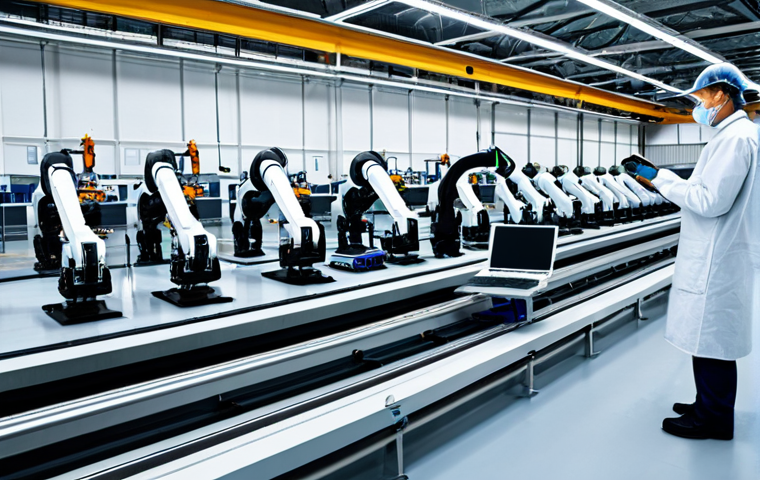 로봇기술사와 자동화 설비 설계 - **Prompt:** A modern factory floor with robotic arms assembling car parts, fully clothed engineers m...