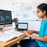 로봇기술사 필기 시험 공부법 - **Prompt:** A young, focused student, approximately 20-25 years old, sits at a well-lit desk, surrou...