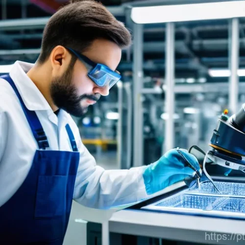 로봇기술사와 자동화 공정 최적화 - A brightly lit, ultra-modern electronics manufacturing facility in Lisbon, Portugal. Sleek, collabor...