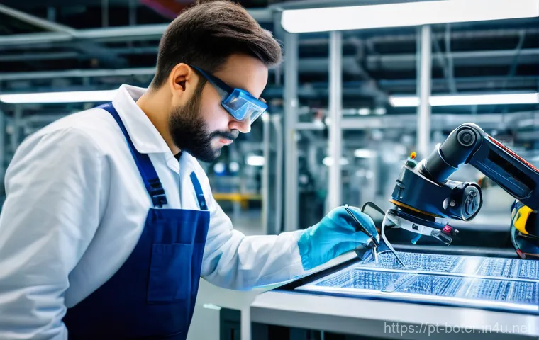 로봇기술사와 자동화 공정 최적화 - A brightly lit, ultra-modern electronics manufacturing facility in Lisbon, Portugal. Sleek, collabor...