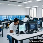 로봇기술사와 대학원 진학 전략 - A modern university robotics laboratory in Brazil, featuring diverse graduate students collaborating...
