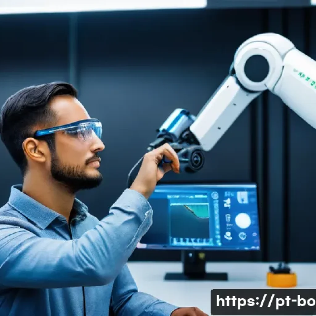 로봇기술사 연봉 협상 팁 - A professional Brazilian robotics engineer in a modern industrial setting, wearing business casual a...