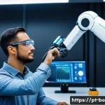 로봇기술사 연봉 협상 팁 - A professional Brazilian robotics engineer in a modern industrial setting, wearing business casual a...