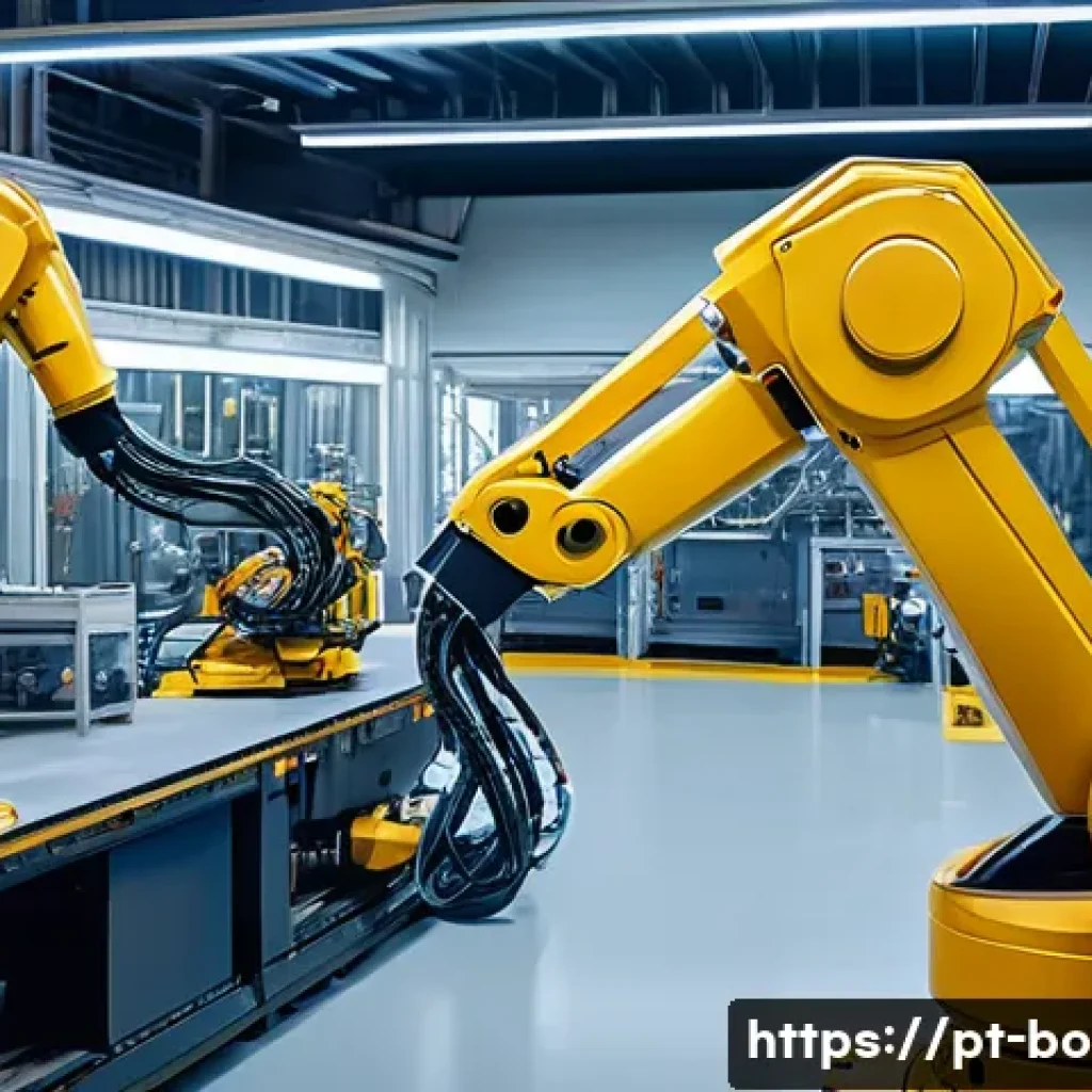 로봇기술사와 산업용 로봇 활용 - A modern industrial factory interior showcasing advanced robotic automation in action: articulated r...