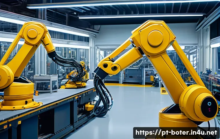 로봇기술사와 산업용 로봇 활용 - A modern industrial factory interior showcasing advanced robotic automation in action: articulated r...