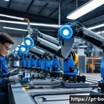 Home 22 로봇기술사와 로봇 진단 및 유지보수 - A highly detailed close-up of a modern industrial robot arm equipped with various sensors and actuat...
