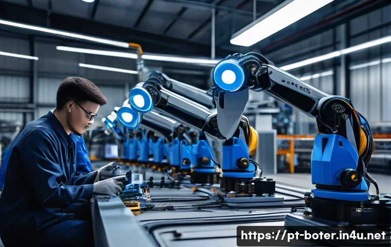 로봇기술사와 로봇 진단 및 유지보수 - A highly detailed close-up of a modern industrial robot arm equipped with various sensors and actuat...