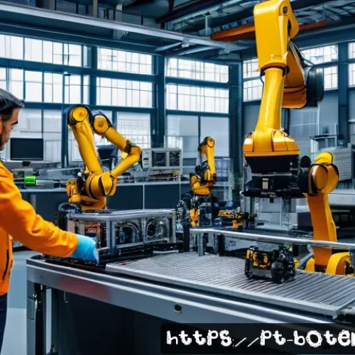 Home 32 로봇기술사와 미래 유망 직업 - A modern Portuguese industrial factory interior featuring advanced collaborative robots working alon...