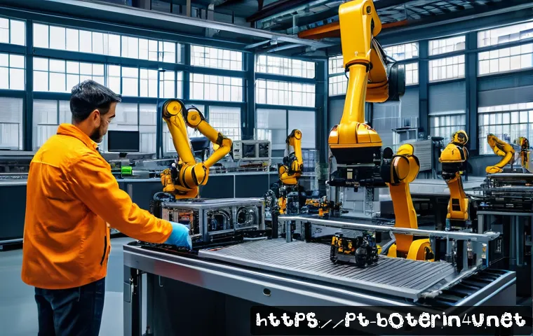 로봇기술사와 미래 유망 직업 - A modern Portuguese industrial factory interior featuring advanced collaborative robots working alon...