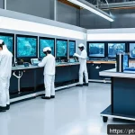 Home 19 로봇기술사와 로봇 제품 인증 절차 - A modern Brazilian robotics laboratory bustling with diverse engineers collaborating on advanced rob...