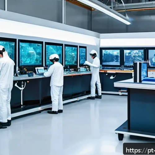 Home 31 로봇기술사와 로봇 제품 인증 절차 - A modern Brazilian robotics laboratory bustling with diverse engineers collaborating on advanced rob...