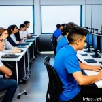 Home 23 로봇기술사 자격증 합격률 - A modern robotics engineering certification exam setting showing a diverse group of young profession...