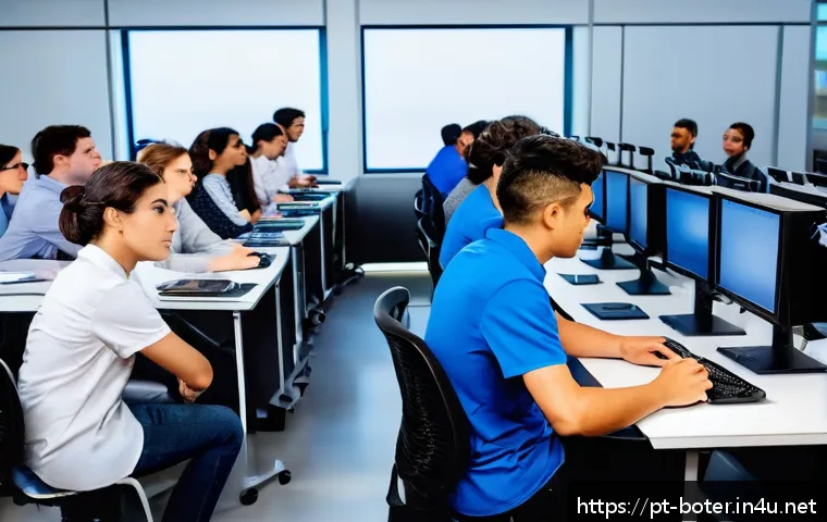 로봇기술사 자격증 합격률 - A modern robotics engineering certification exam setting showing a diverse group of young profession...